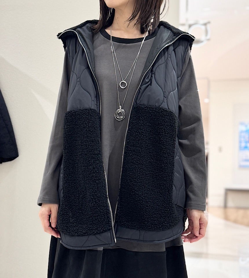 中綿キルティング×ボア切り替えベスト