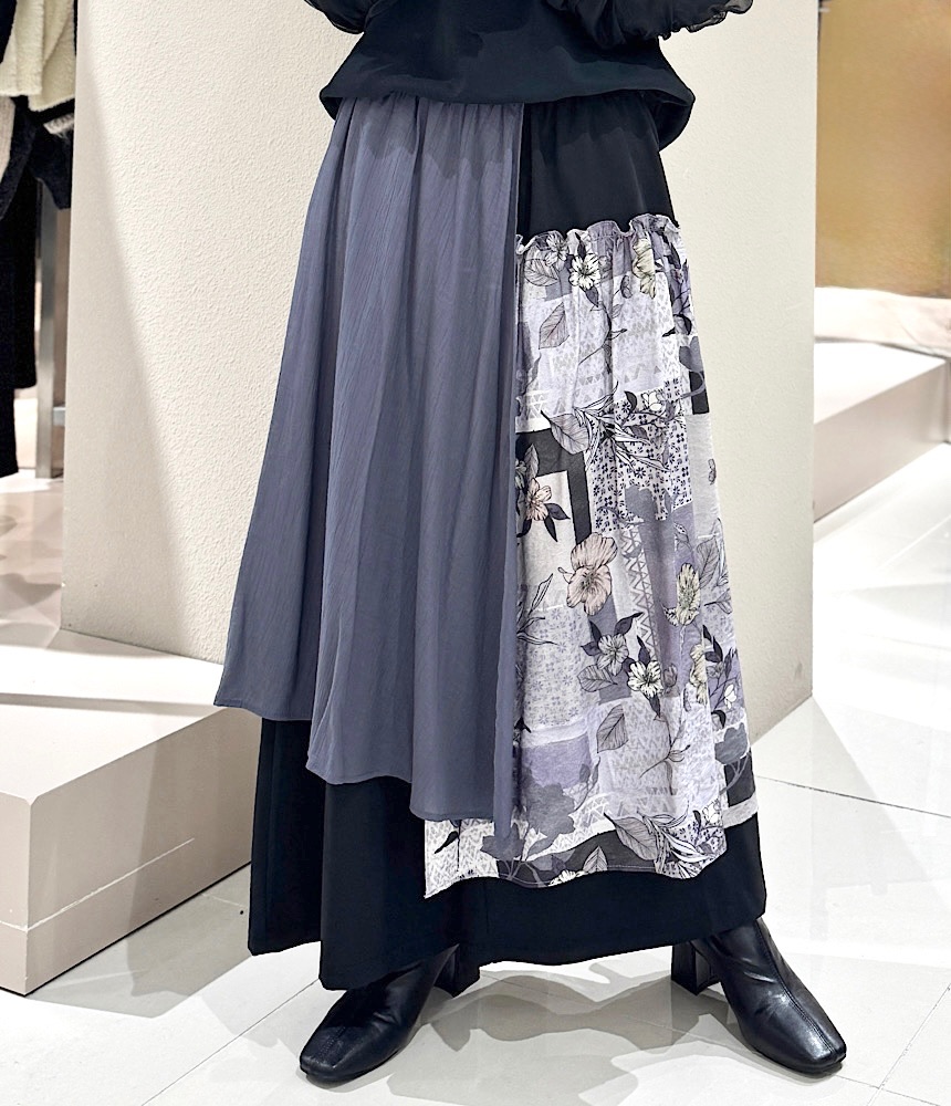 プリント無地ドッキングワイドパンツ