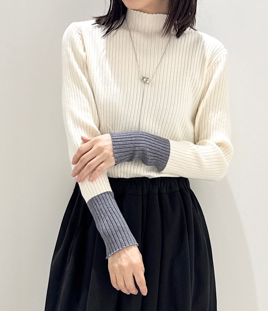袖バイカラーニットプルオーバー